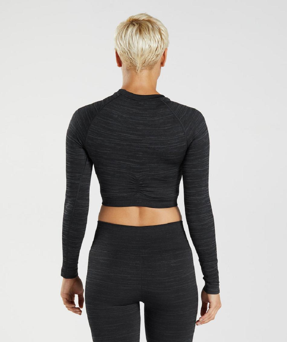 Gymshark Adapt Marl Seamless Long Sleeve Ženske Ošišane Majice Crne Sive | HR 3597VRW